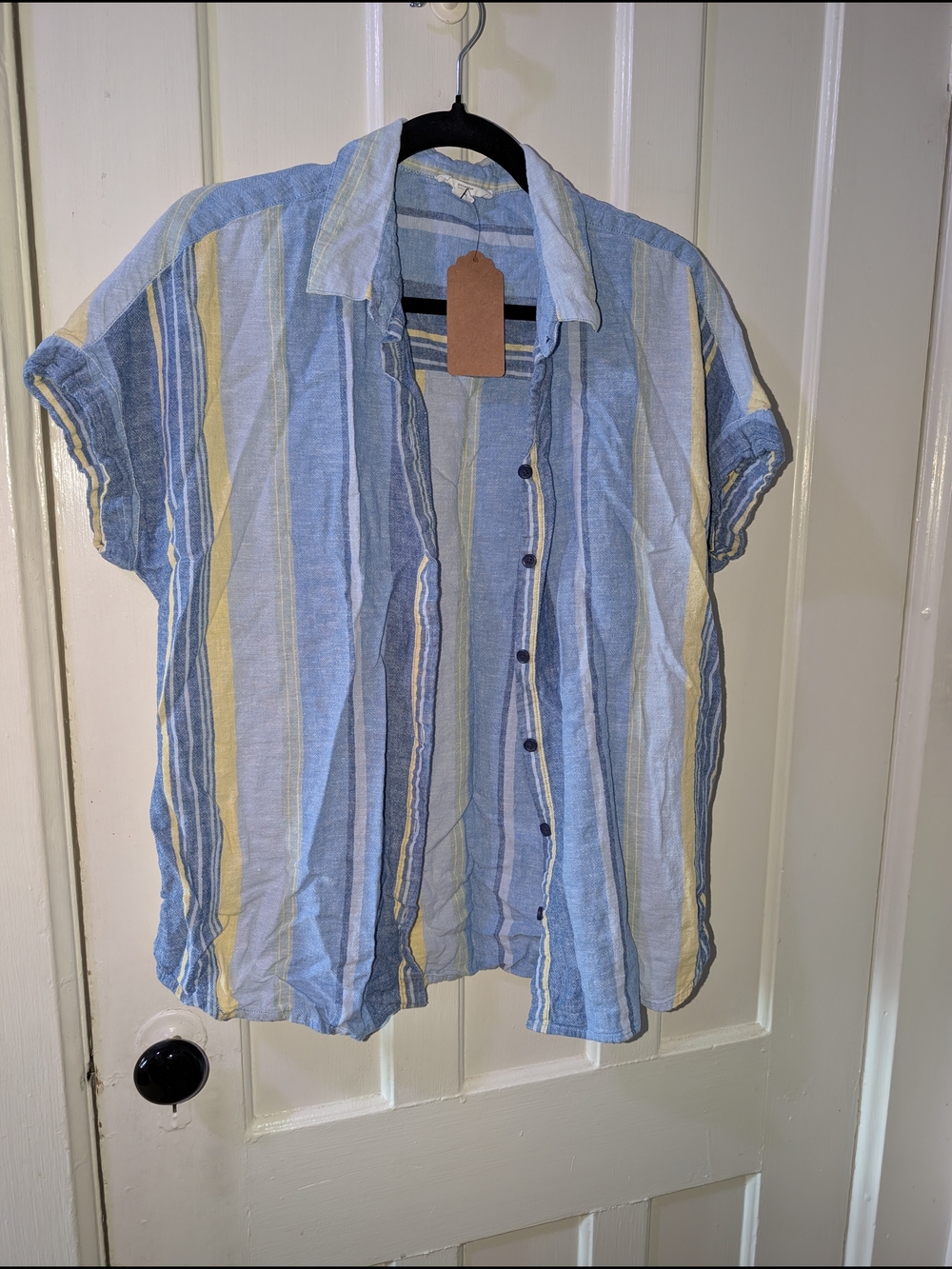 Linen Cotton Striped Button Up Shirt Blue Yellow Short Sleeve Lightweight Summer